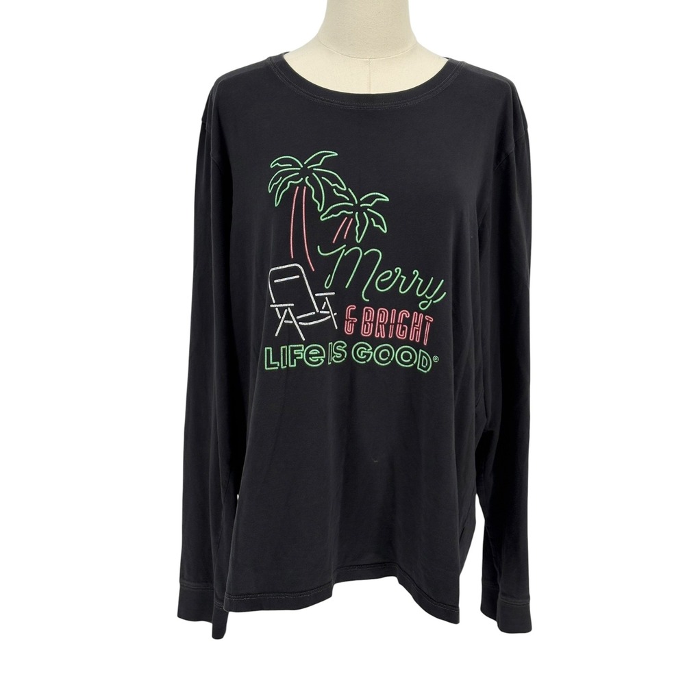Life is Good Crusher Tee Black Merry & Bright Palm Tree Graphic XL 100% Cotton